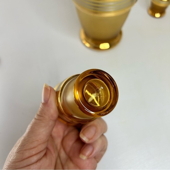 Amber Glass Gold Silver Stripes Decanter With 3 Cordial Glasses Barware - Picture 9 of 12